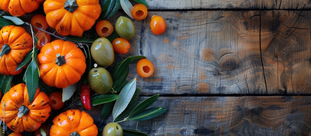 Poster festive thanksgiving theme with vivid pumpkins and olives arranged on a wooden surface for a flat la