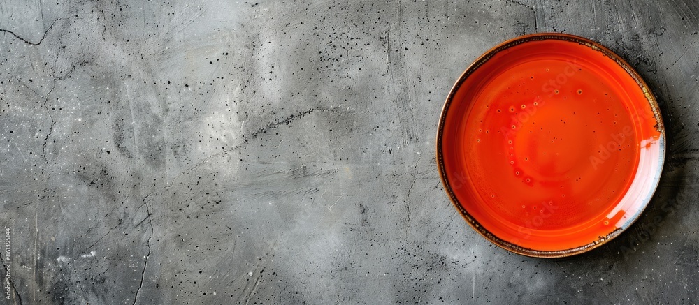Poster an orange plate on a concrete background with ample copy space image for your design.
