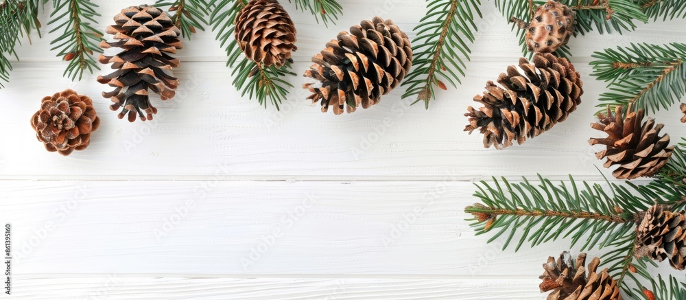 Poster top view of a christmas and new year's composition with pine cones and spruce branches on a white wo