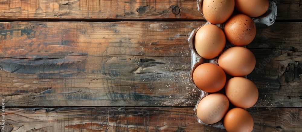 Poster a bird's-eye view of chicken eggs placed on a rustic wooden kitchen table with ample copy space imag