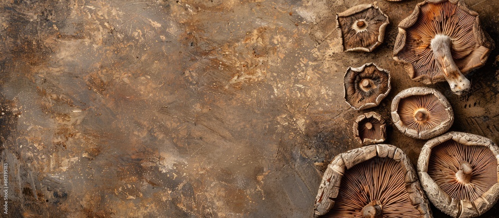Poster Background with dried shiitake mushrooms in copy space image.