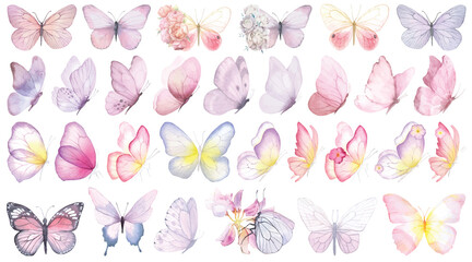 Butterfly collection. Watercolor illustration. Colorful Butterflies clipart set. Baby shower design elements. Party invitation, birthday celebration. Spring or summer decoration