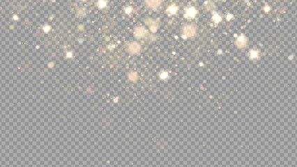 Golden dust light png. Christmas glowing bokeh confetti and sparkle overlay texture for your design. Stock royalty free vector illustration. PNG	