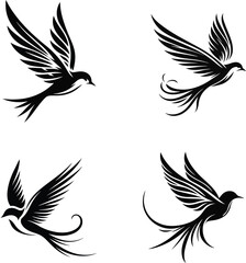 A silhouette design on a pure white background featuring  bird flight
