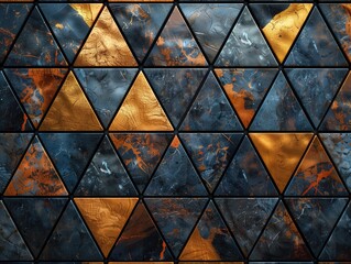 A symmetrical triangle tessellated pattern of gold and blue triangular shapes creates an aesthetically , pattern background 