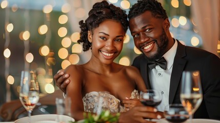 A couple celebrating a special occasion dining together, smiling broadly, with sparkling lights in the background enriching the joyous and festive ambiance of the evening.