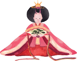 Naklejka premium Japanese doll the empress watercolor illustration. Pink colorful kimono traditional clothing for female arts. Japan culture festival for girls. Traditional toy for kids. 