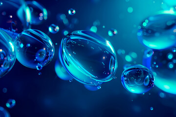 A close-up view of abstract liquid blue bubbles suspended in a cool-toned background, showcasing the detail and refreshing quality of the floating translucent spheres.