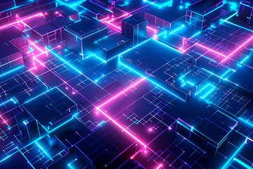 A glowing futuristic grid pattern in blue and pink, featuring geometrical lines and shapes that evoke themes of technology, innovation, and digital connectivity.