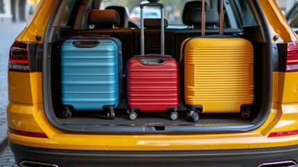 Close up of car trunk with open lid and suitcases packed, ready for travel and adventure