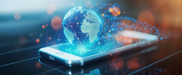 smartphone screen with digital blue light glow and earth globe hologram floating above illustration