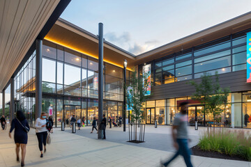 Shoppers stroll outside a modern shopping mall at dusk, with blurred motion adding to the lively urban scene. The building's sleek design reflects a vibrant cityscape, perfect for retail therapy