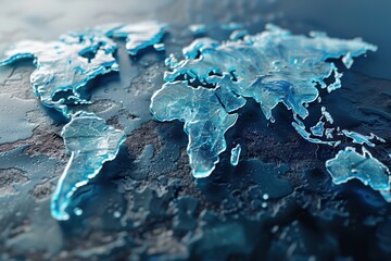 A cool blue-tinted glass world map intricately designed with highlighted continents, showcasing an artistic and modern representation of global geography.