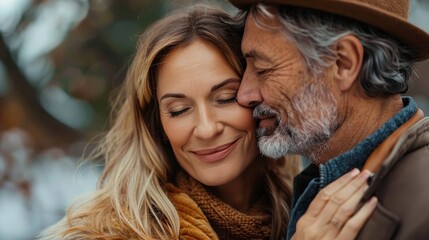A happy couple shares an intimate embrace outdoors in an autumn setting, both dressed warmly and smiling with their eyes closed, captured moment of affection and tranquility.