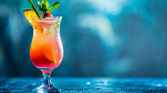 Hurricane cocktail vibrant colors. blurred background. Studio Shot: Hurricane Cocktail in Signature Glass