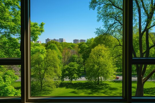 Fototapeta Open window is framing a view of a lush green park with trees and grass on a sunny day