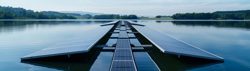 Floating solar farms on a calm reservoir, representing innovative renewable energy solutions in natural environments