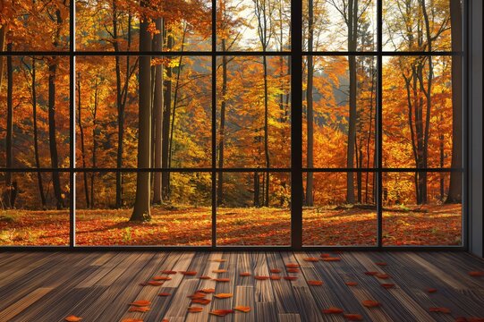 Large window is framing a forest with many trees having orange and yellow leaves typical of the fall season