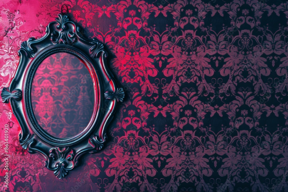 Wall mural ornate mirror on damask wallpaper.