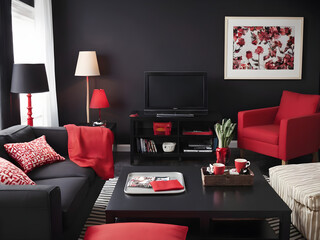 Modern Black and Red Living Room with Coffee Table and Television