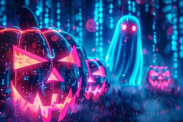 Halloween background with neon jackolanterns and digital ghosts, Cyberpunk, Illustration, Electric blues and pinks
