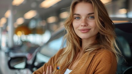 A blonde woman with a cheerful expression poses confidently outside a car dealership, leaning against a parked car, her casual and approachable demeanor highlighted in the image.
