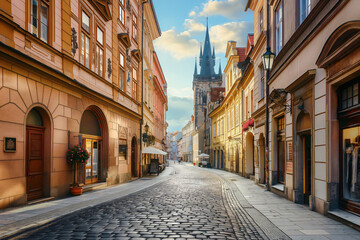 Obraz premium Charming cobblestone street leading to a church in a historic European city, bathed in the warm light of the morning sun