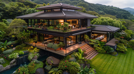 Obraz premium Modern multi-level home surrounded by lush garden and greenery in a mountainous area during early evening