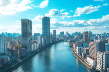 Modern skyscrapers are reflecting in the river, which flows through the middle on a sunny day
