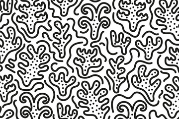 Sea corals seamless abstract doodle. Line art and dot hand drawing coral and seaweed. © Rifatho
