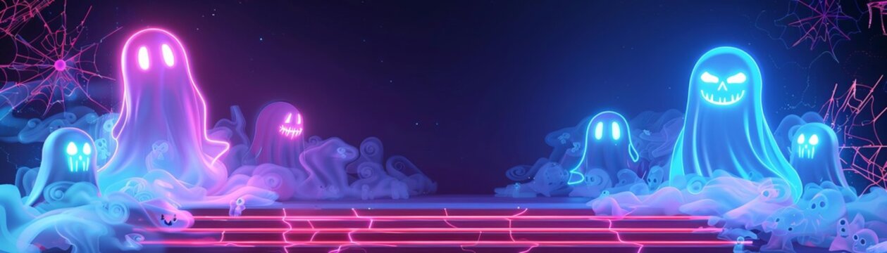 Neon glowing ghosts on a dark background with fog and lights, creating a spooky and futuristic atmosphere. Perfect for Halloween and sci-fi themes.