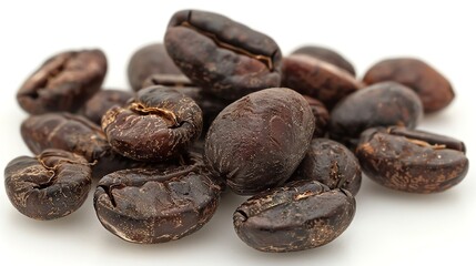 Obraz premium Coffea canephora beans, close-up shot, isolated on white, showing natural imperfections