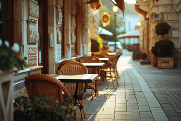 City street restaurant cafe travel table sidewalk chair terrace building