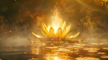 Ethereal Golden Lotus Flower Floating on Tranquil Water with Celestial Lighting