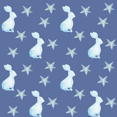 Abstract blue rabbit and stars in monochrome watercolor seamless pattern on blue. Hand drawn Christmas dreams background for kids room wall paper decor, wrapping paper,textile, fabric design