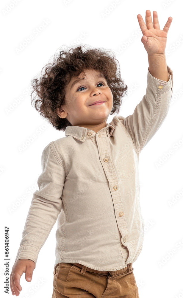 Wall mural PNG Middle eastern boy 6 years old happy raising her hand baby white background studio shot.