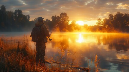 A serene image capturing an angler standing in calm waters surrounded by the golden hues of sunrise and autumnal trees, with mist hovering over the surface