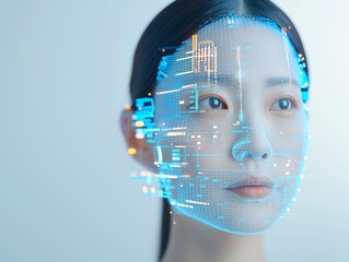 Futuristic digital interface overlay on a woman's face, representing AI and facial recognition technology in a high-tech portrait.
