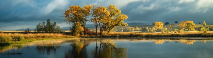Obraz premium autumn tree shrub at pone side with pastoral landscape beautiful scenery of autumn nature landscape background whimsical ethereal mood