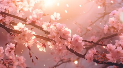 Fototapeta premium A captivating generative AI-generated image of cherry blossoms bathed in soft, warm light, invoking a dreamlike spring ambiance.