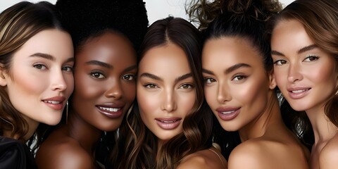Fototapeta premium Beautiful Women with Diverse Natural Glowing Skin Showcasing Fashion and Skincare. Concept Fashion, Skincare, Natural Beauty, Women, Glowing Skin