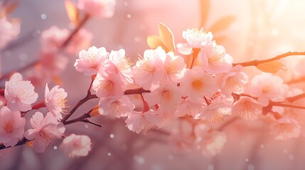 A captivating generative AI-generated image of cherry blossoms bathed in soft, warm light, invoking a dreamlike spring ambiance.
