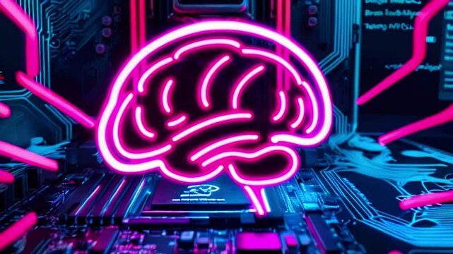 A pink neon outline of a human brain is imposed over a photograph of a computer motherboard.