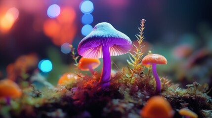 A beautiful close view of psilocybin, magic mushroom with rainbow colors on it.