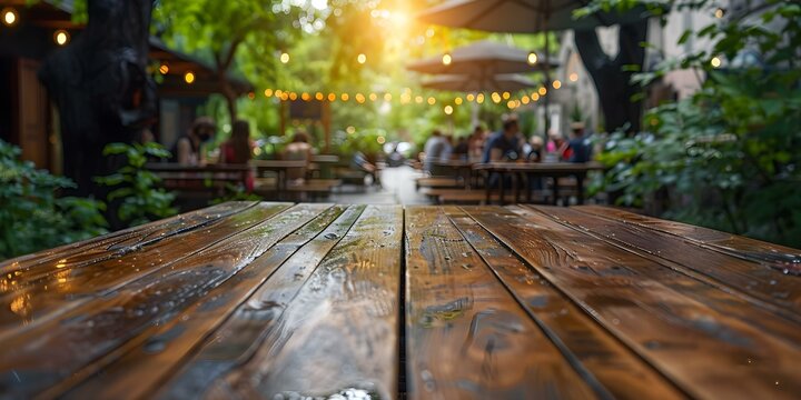Empty wooden table with people in background at outdoor cafe. Concept Outdoor Food Photography, Wooden Table Setting, Cafe Ambiance, People in Background, Lifestyle Shot