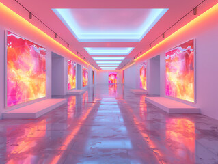 an art gallery with a long hallway museum featuring a row of hologram colorful paintings.