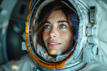 Woman in a spacesuit, with a radiant smile, looks out of the window of a commercial space shuttle. Her face reflects the awe and wonder of interstellar travel