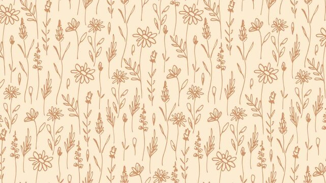 Moving floral seamless pattern. Wildflowers, herbs, brown-beige tones. Looping simple animation.
