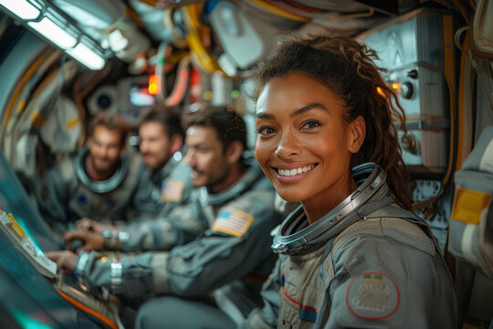 Portrait of female astronaut smiles brightly as she sits beside other astronauts in a spaceship during a space mission