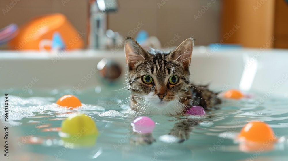 Poster A tabby cat exploring a bathtub filled with warm water and floating toys, before bath time